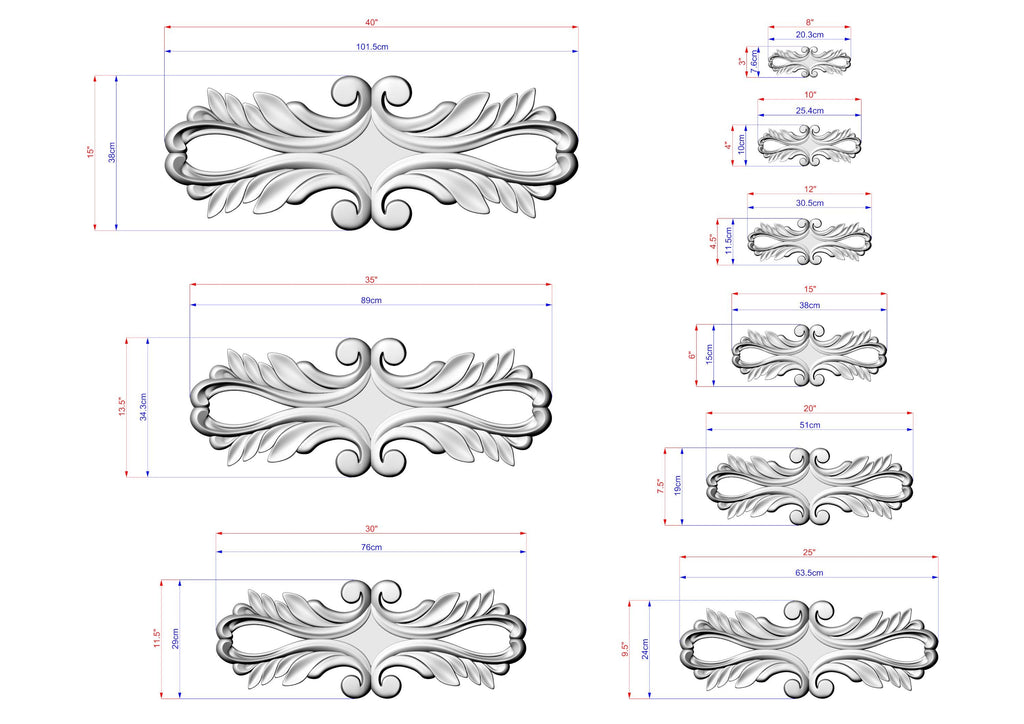 a collection of ornate, decorative designs or patterns, each accompanied by a set of measurements in millimeters. The designs are arranged in a grid format, with each row representing a different design and each column representing a different measurement. The image does not contain any text or additional elements that would require a more detailed description.