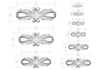 a collection of ornate, decorative designs or patterns, each accompanied by a set of measurements in millimeters. The designs are arranged in a grid format, with each row representing a different design and each column representing a different measurement. The image does not contain any text or additional elements that would require a more detailed description.