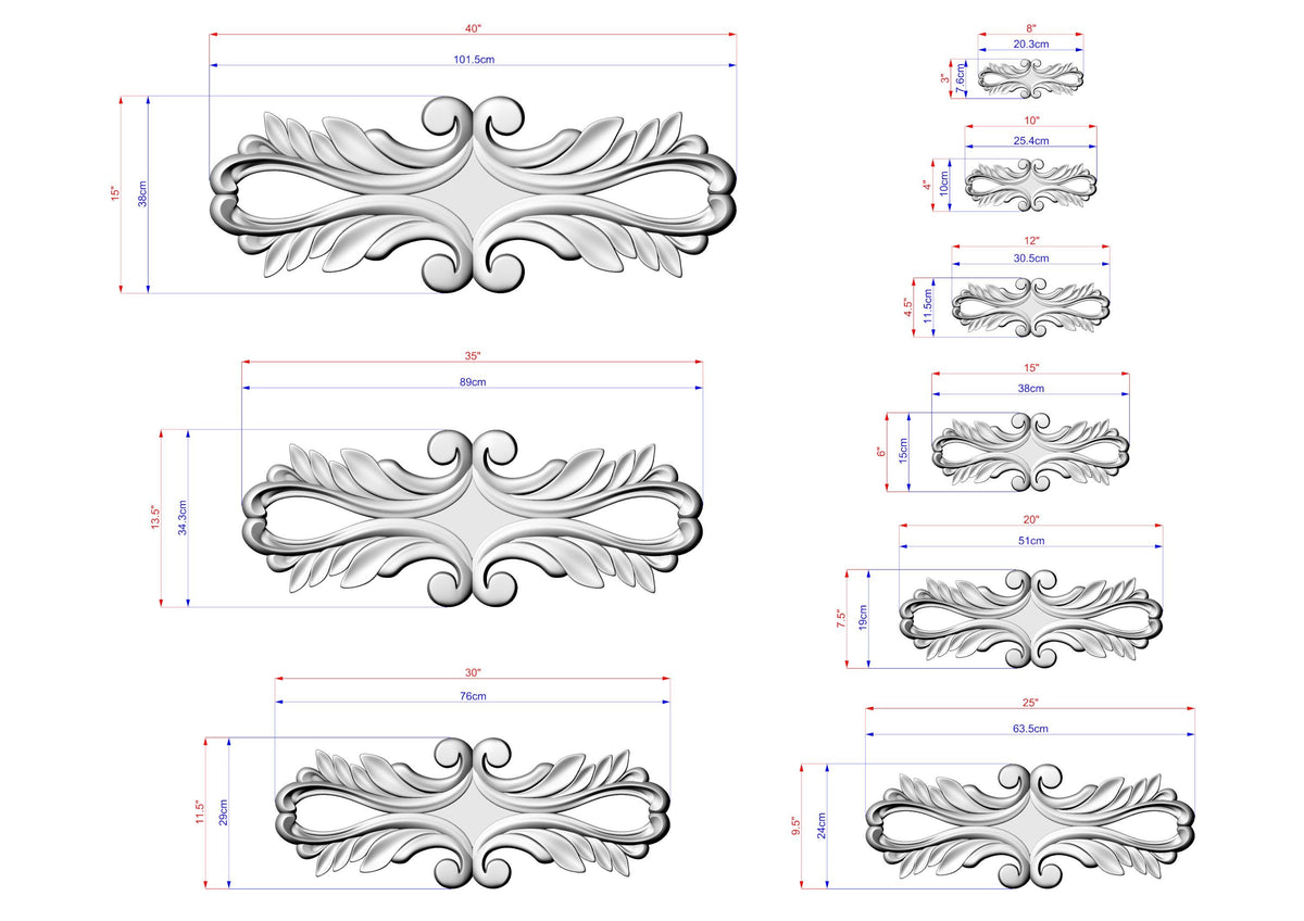 a collection of ornate, decorative designs or patterns, each accompanied by a set of measurements in millimeters. The designs are arranged in a grid format, with each row representing a different design and each column representing a different measurement. The image does not contain any text or additional elements that would require a more detailed description.