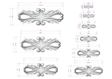 Load image into Gallery viewer, a collection of ornate, decorative designs or patterns, each accompanied by a set of measurements in millimeters. The designs are arranged in a grid format, with each row representing a different design and each column representing a different measurement. The image does not contain any text or additional elements that would require a more detailed description.
