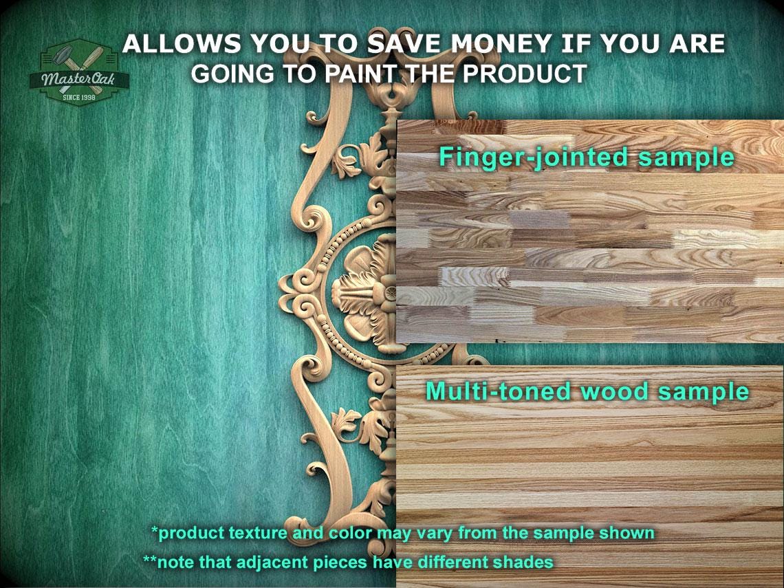 The image is a collage of two wood samples, one with a finger-joined sample and the other with a multi-toned wood sample. The text above the samples states that the samples allow you to save money if you are going to paint the product. The samples are labeled as a finger-joined sample and a multi-toned wood sample. The text below the samples mentions that the product texture and color may vary from the sample shown, and that adjacent pieces have different shades.