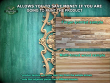 Load image into Gallery viewer, The image is a collage of two wood samples, one with a finger-joined sample and the other with a multi-toned wood sample. The text above the samples states that the samples allow you to save money if you are going to paint the product. The samples are labeled as a finger-joined sample and a multi-toned wood sample. The text below the samples mentions that the product texture and color may vary from the sample shown, and that adjacent pieces have different shades.
