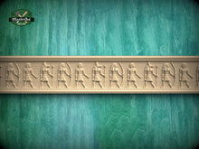 Load image into Gallery viewer, a row of carved figures on a wooden surface, with a teal-colored background.
