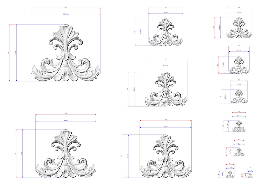 a collection of ornate, decorative designs in a black and white style, with measurements and scale details provided.