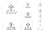 a collection of ornate, decorative designs in a black and white style, with measurements and scale details provided.