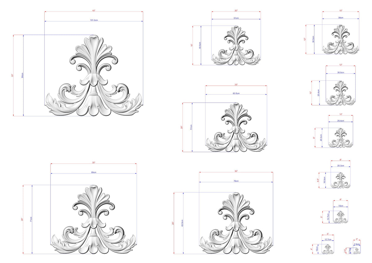 a collection of ornate, decorative designs in a black and white style, with measurements and scale details provided.