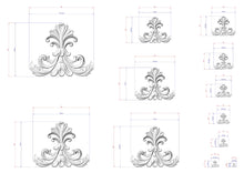 Load image into Gallery viewer, a collection of ornate, decorative designs in a black and white style, with measurements and scale details provided.
