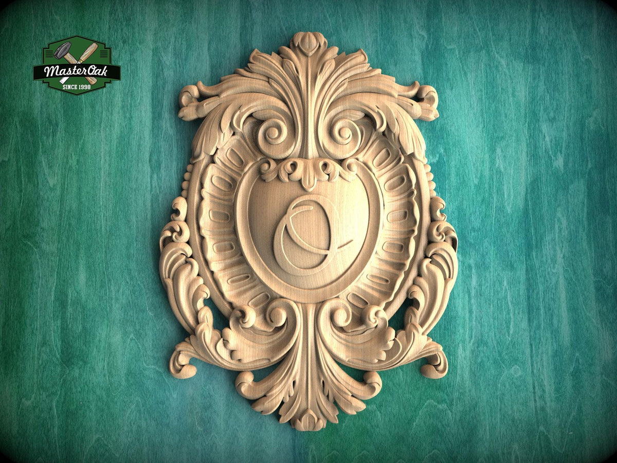 Personalized Classic Wooden Shield Onlay, Artisanal Baroque Flourishes for Interiors, 1 pc, Unpainted, Home Wall Decor, wooden trims