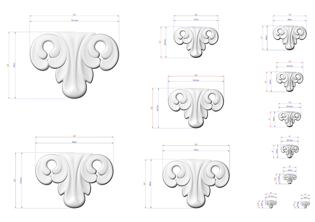 a collection of white, decorative elements with measurements and scale details. The elements appear to be ornamental designs, possibly in the form of sculptures or architectural features. The image does not contain any text or additional objects, and the focus is on the detailed measurements and scale of the decorative elements.