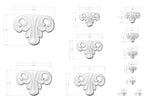 a collection of white, decorative elements with measurements and scale details. The elements appear to be ornamental designs, possibly in the form of sculptures or architectural features. The image does not contain any text or additional objects, and the focus is on the detailed measurements and scale of the decorative elements.