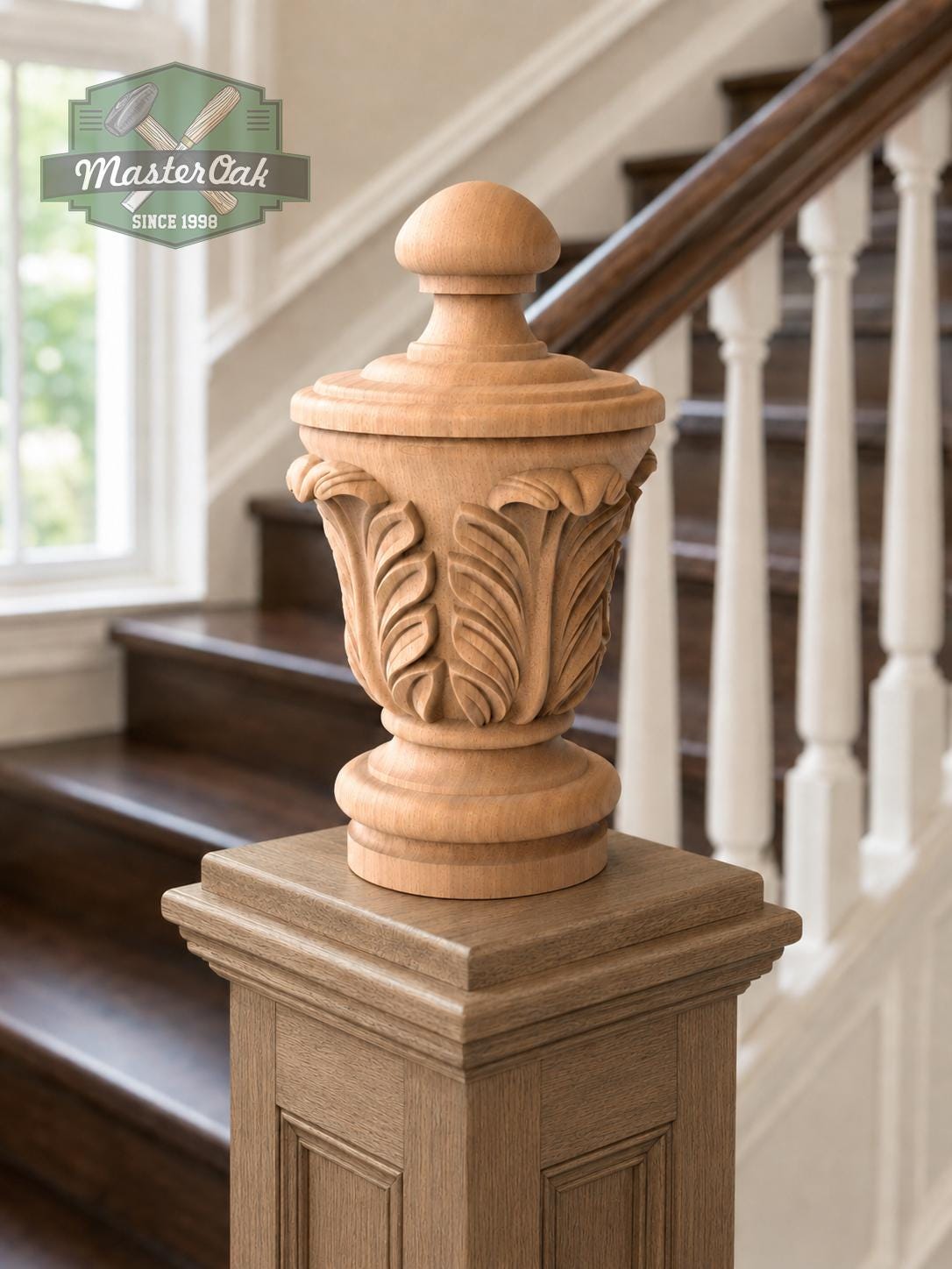 Unpainted Hardwood Finial with Acanthus Leaves, Newel Post Cap
