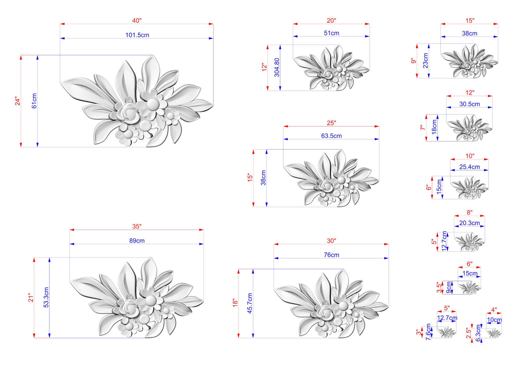 a series of flower designs, each with its own size and dimensions. The flowers are depicted in various sizes, ranging from small to large, and are arranged in a grid-like pattern. The image provides a detailed visual representation of the flower designs, allowing for a clear understanding of their sizes and proportions.