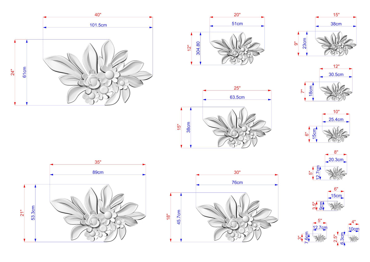 a series of flower designs, each with its own size and dimensions. The flowers are depicted in various sizes, ranging from small to large, and are arranged in a grid-like pattern. The image provides a detailed visual representation of the flower designs, allowing for a clear understanding of their sizes and proportions.