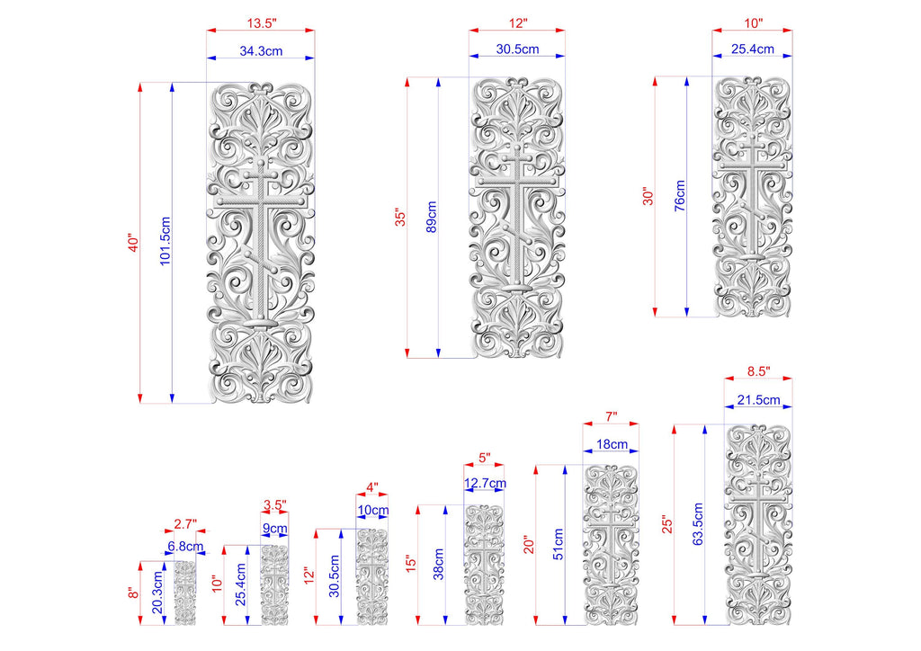 a series of ornate, decorative designs or patterns, each accompanied by a set of measurements in centimeters. The designs vary in size and complexity, ranging from small to large, and feature intricate, symmetrical patterns. The measurements provide a visual representation of the size and dimensions of each design, allowing for a clear understanding of the scale and proportions involved.