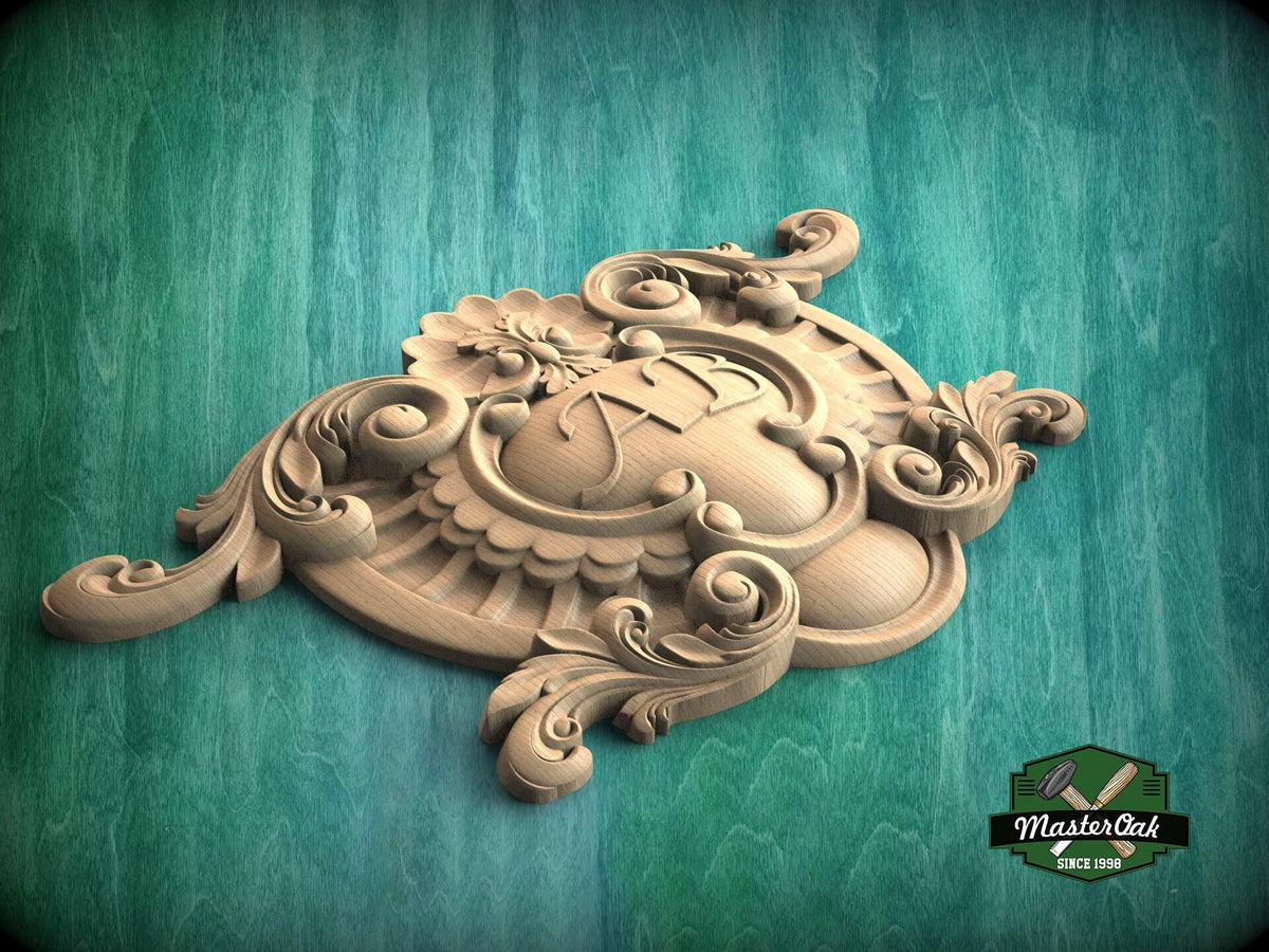 Personalized Antique Style Natural Wood Onlay - Detailed Scroll and Floral Central Overlay, 1pc, Unpainted, carved decoration, wooden onlay