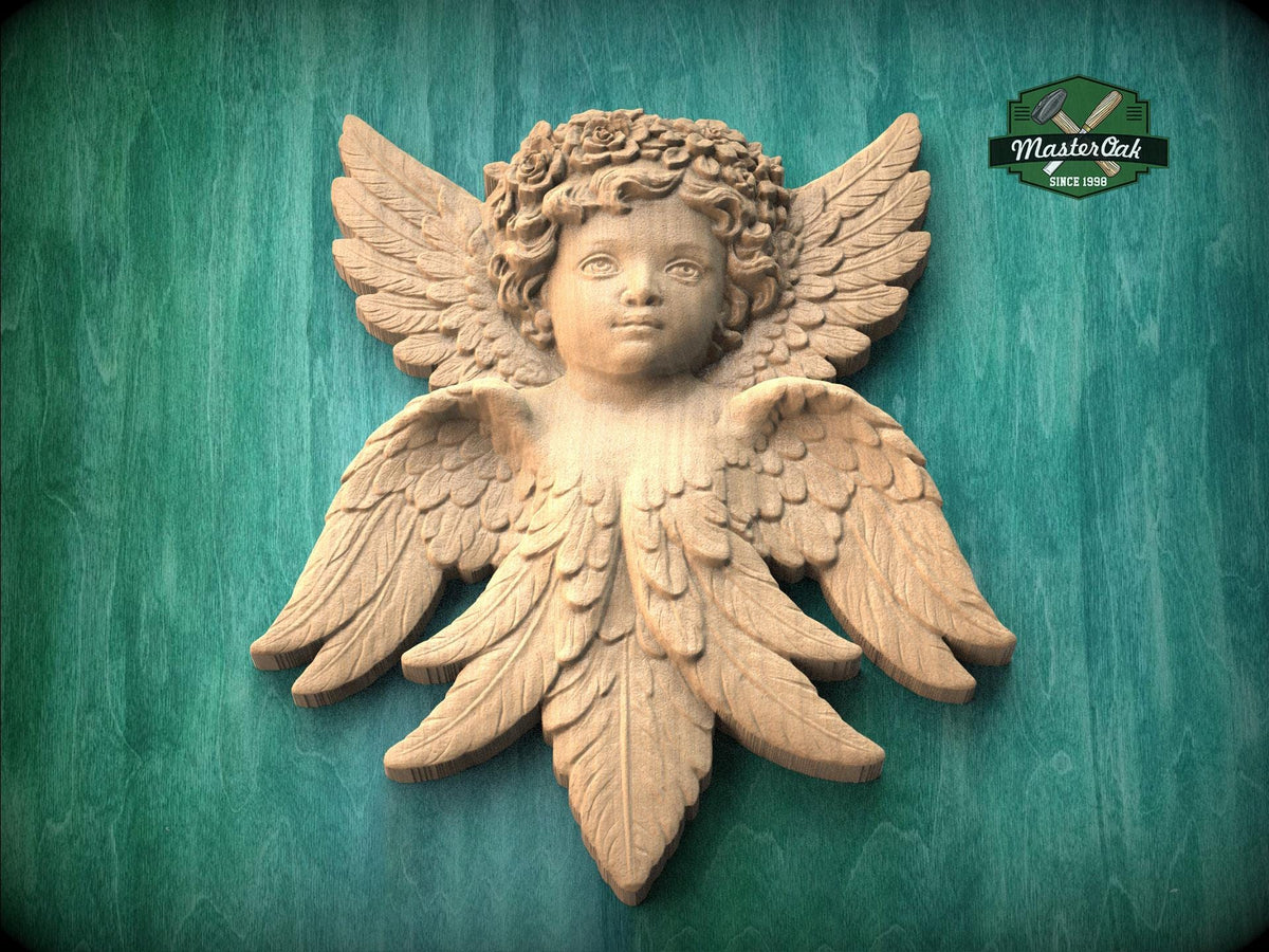 Carved Wooden Cherub Wall Onlay – Angel Relief with Wings Decorative Applique