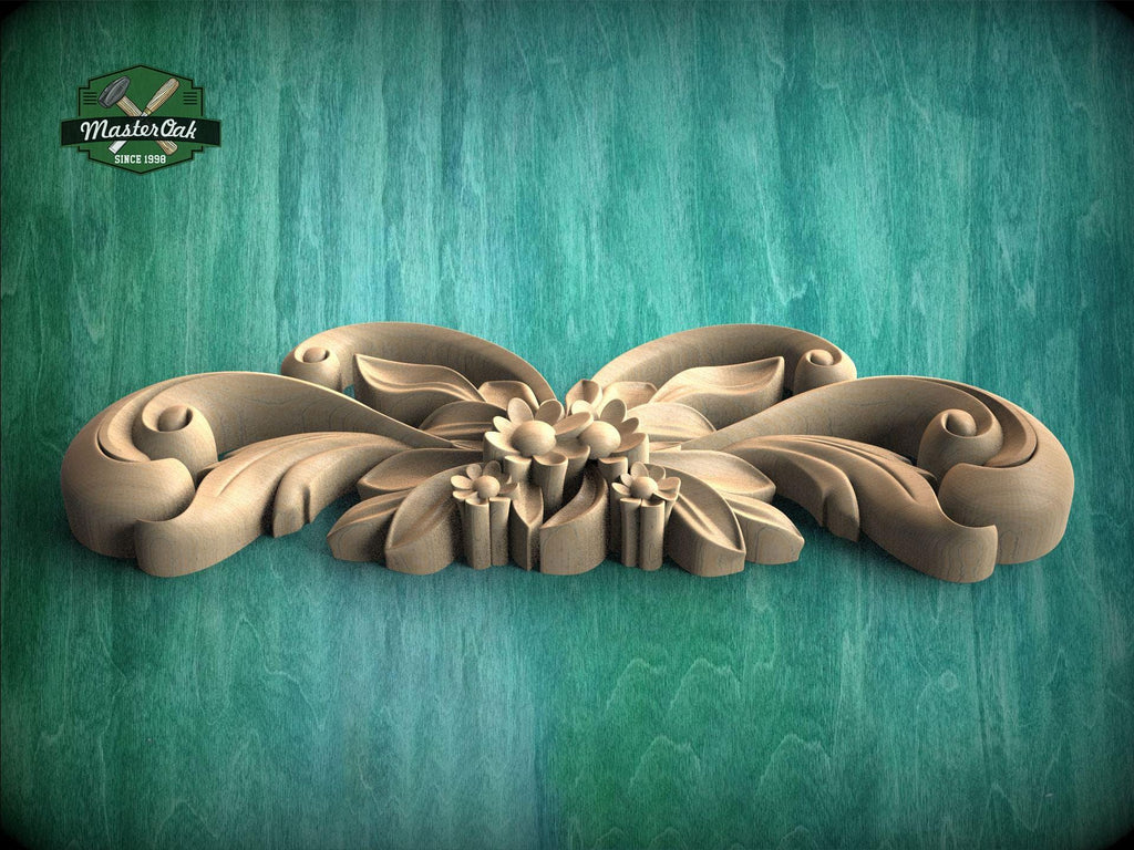 A wooden carving of a flower-like design is displayed against a teal background.