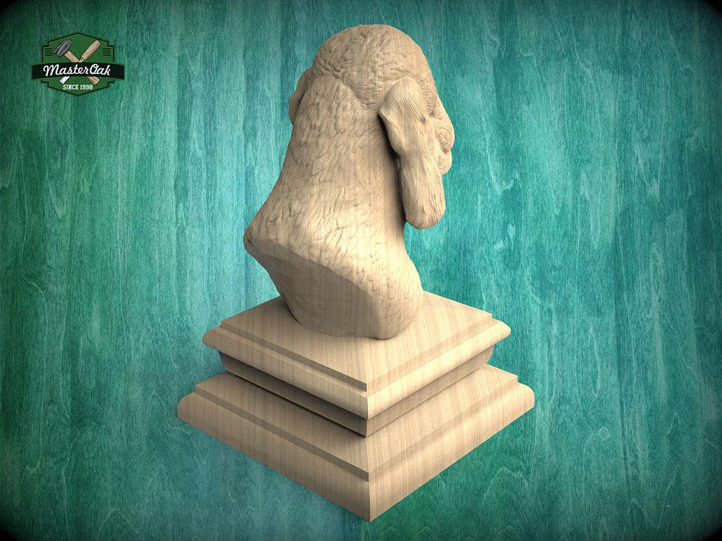 A wooden bust sculpture is displayed on a wooden pedestal against a teal-colored background.