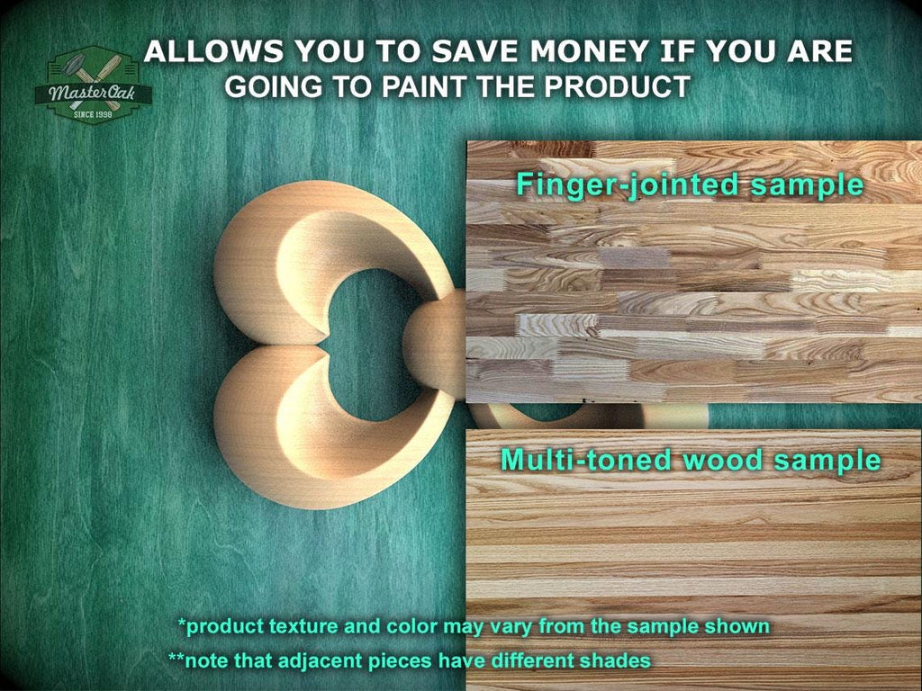 The image is a promotional advertisement for Master Oak Paint, showcasing a wooden sample of their product. The sample features a finger-joined and multi-toned wood texture, highlighting the variety of colors and patterns that can be achieved when painting the product. The ad emphasizes that the product texture and color may vary from the sample shown, and notes that adjacent pieces have different shades.