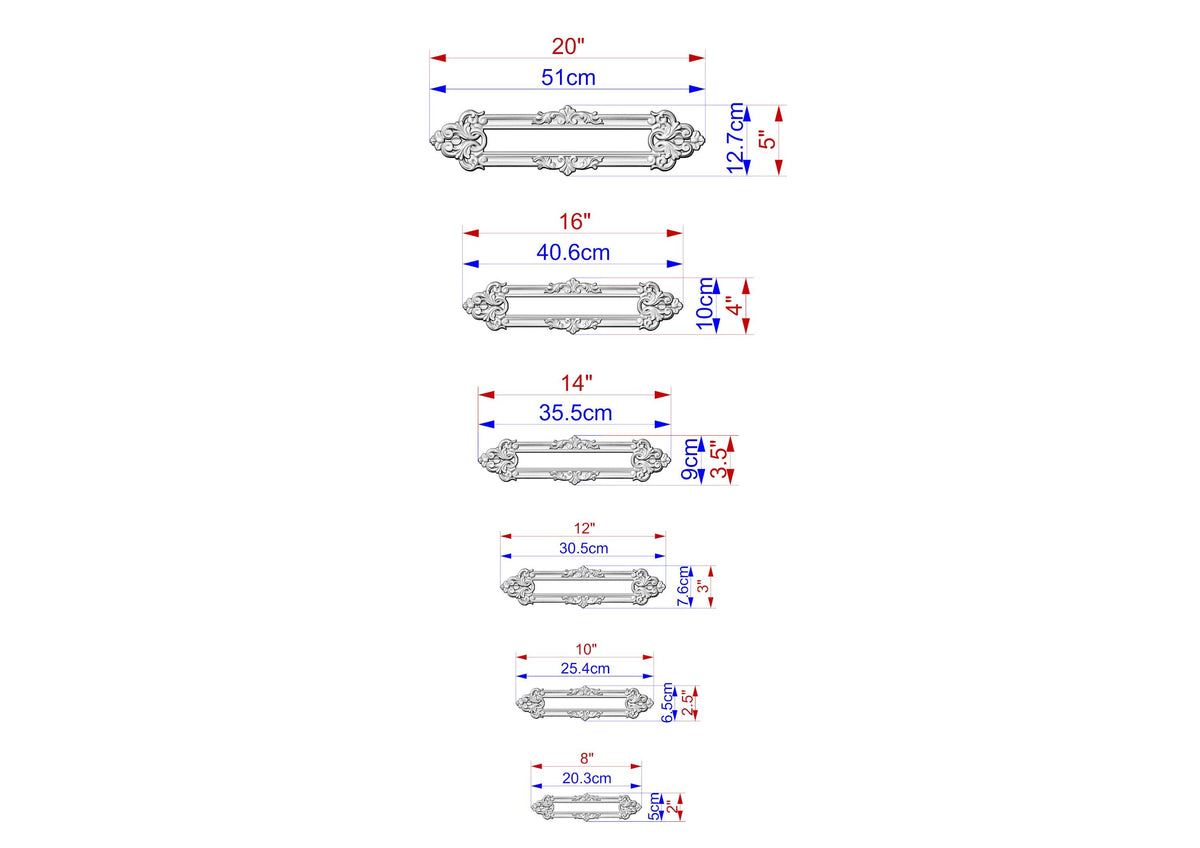 a series of six different sizes of a decorative metal piece, each with its own unique measurements and dimensions. The sizes range from 1" to 20" and are labeled with corresponding measurements in centimeters. The image is a visual representation of the piece's varying sizes, providing a clear understanding of its dimensions.