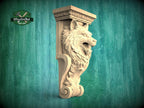 A carved wooden wolf head is displayed against a green background, with a logo for Master Oak visible in the top left corner.
