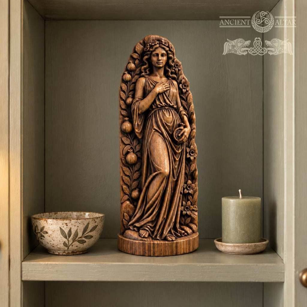 Persephone Goddess Statue, Wooden Queen of the Underworld Figurine, Pomegranate Altar Decor, Greek Mythology Gift