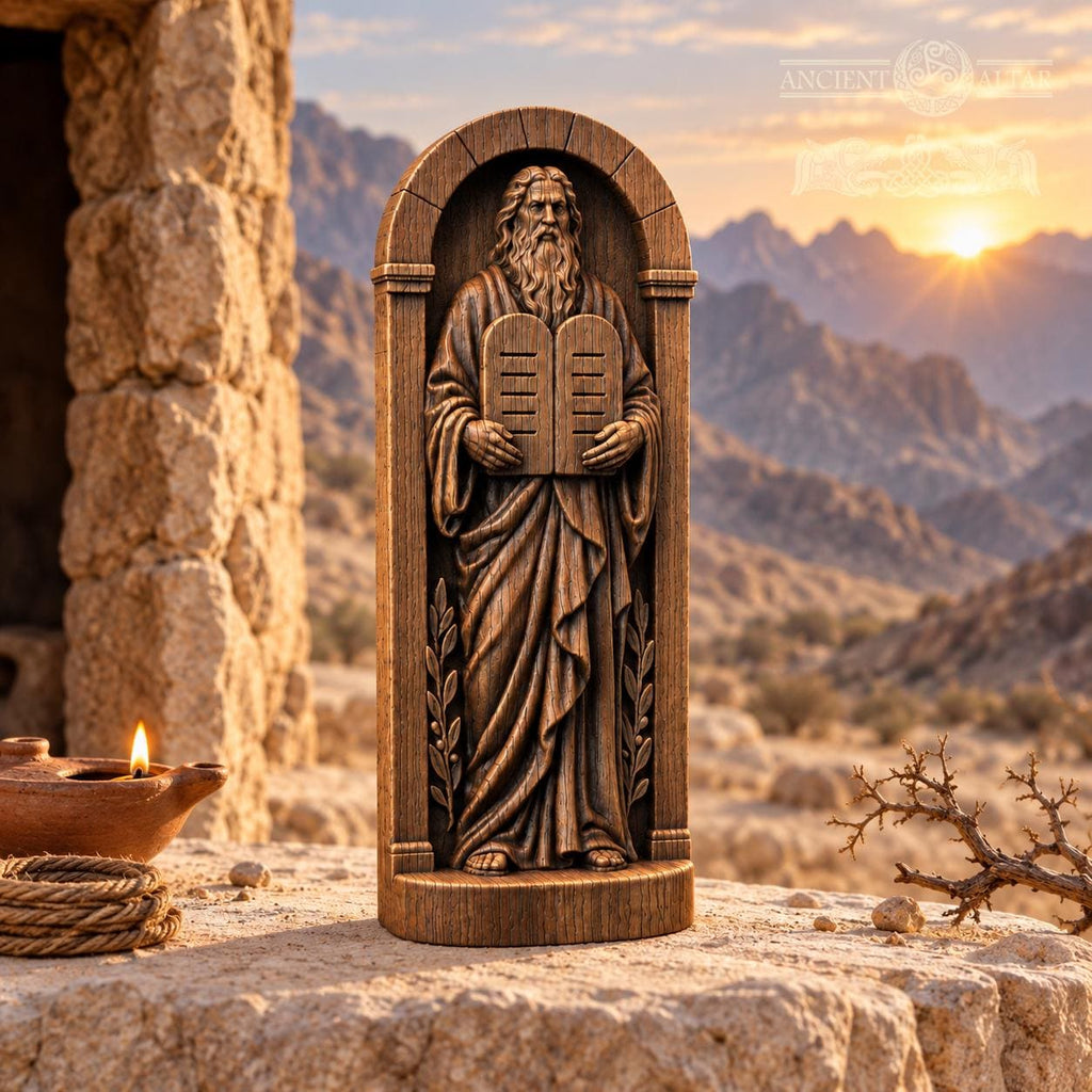 Moses with Ten Commandments Statue, Solid Oak Biblical Sculpture, Tablets of the Law, Judaica Home Decor, Religious Gift