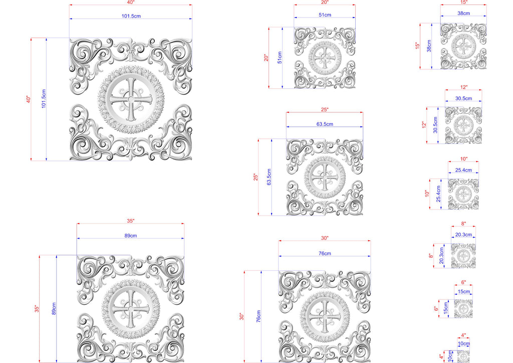 a collection of ornate, decorative designs with intricate patterns and a central motif, such as a cross or compass. The designs are presented in various sizes and orientations, suggesting they are intended for use in different contexts, such as wall art, jewelry, or other decorative applications. The image does not contain any text, and the descriptions provided focus on the visual elements and their arrangement rather than the specific content of the designs.