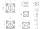 a collection of ornate, decorative designs with intricate patterns and a central motif, such as a cross or compass. The designs are presented in various sizes and orientations, suggesting they are intended for use in different contexts, such as wall art, jewelry, or other decorative applications. The image does not contain any text, and the descriptions provided focus on the visual elements and their arrangement rather than the specific content of the designs.