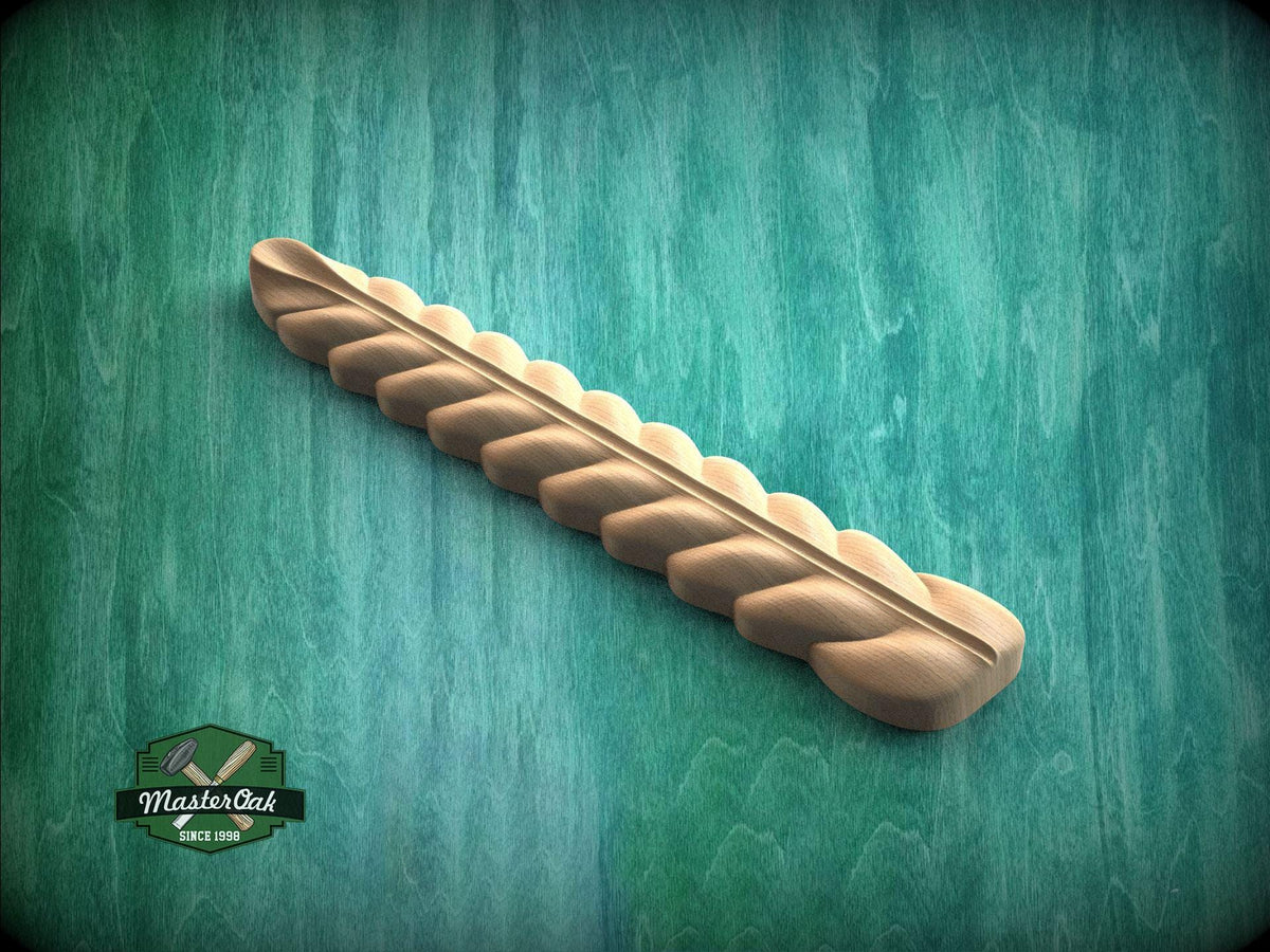 A wooden object resembling a twisted or braided shape is shown against a green background.