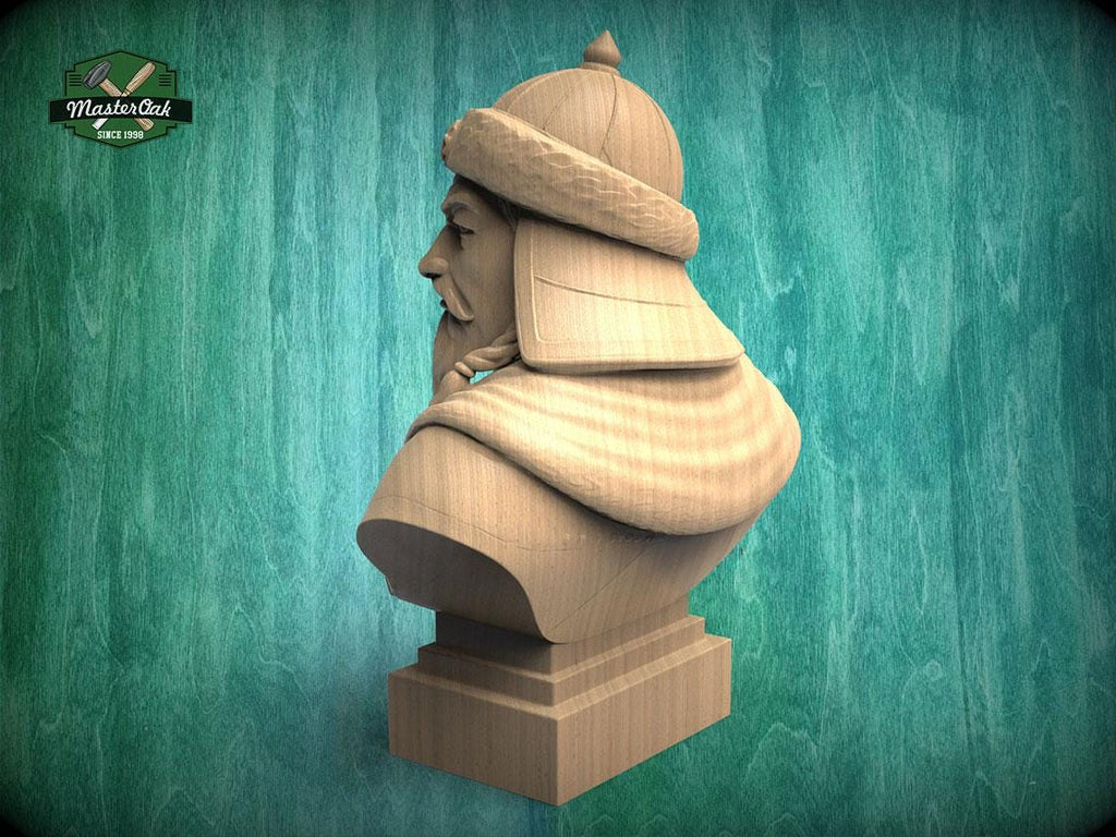 Genghis Khan Bust | Carved & Hand-Finished Wood Statue | Mongolian History Decor