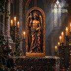 a carved wooden statue of a winged figure, possibly a deity or angel, standing on a pedestal in a dimly lit, ornate room with candles and a chalice.