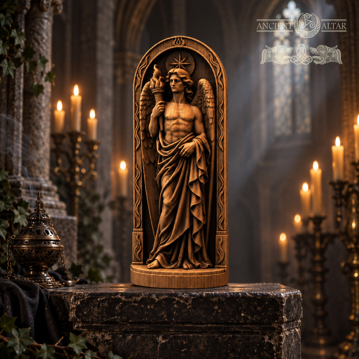 a carved wooden statue of a winged figure, possibly a deity or angel, standing on a pedestal in a dimly lit, ornate room with candles and a chalice.
