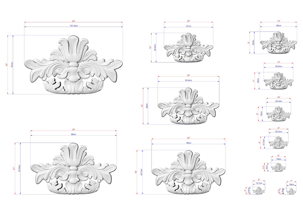 a collection of various sizes of ornate, decorative sculptures or designs, each with its own unique features and measurements. The sculptures are depicted in a detailed and intricate manner, showcasing the artist's skill and craftsmanship.