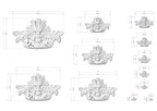 a collection of various sizes of ornate, decorative sculptures or designs, each with its own unique features and measurements. The sculptures are depicted in a detailed and intricate manner, showcasing the artist's skill and craftsmanship.