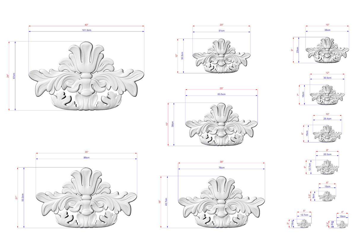 a collection of various sizes of ornate, decorative sculptures or designs, each with its own unique features and measurements. The sculptures are depicted in a detailed and intricate manner, showcasing the artist's skill and craftsmanship.