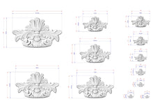Load image into Gallery viewer, a collection of various sizes of ornate, decorative sculptures or designs, each with its own unique features and measurements. The sculptures are depicted in a detailed and intricate manner, showcasing the artist&#39;s skill and craftsmanship.
