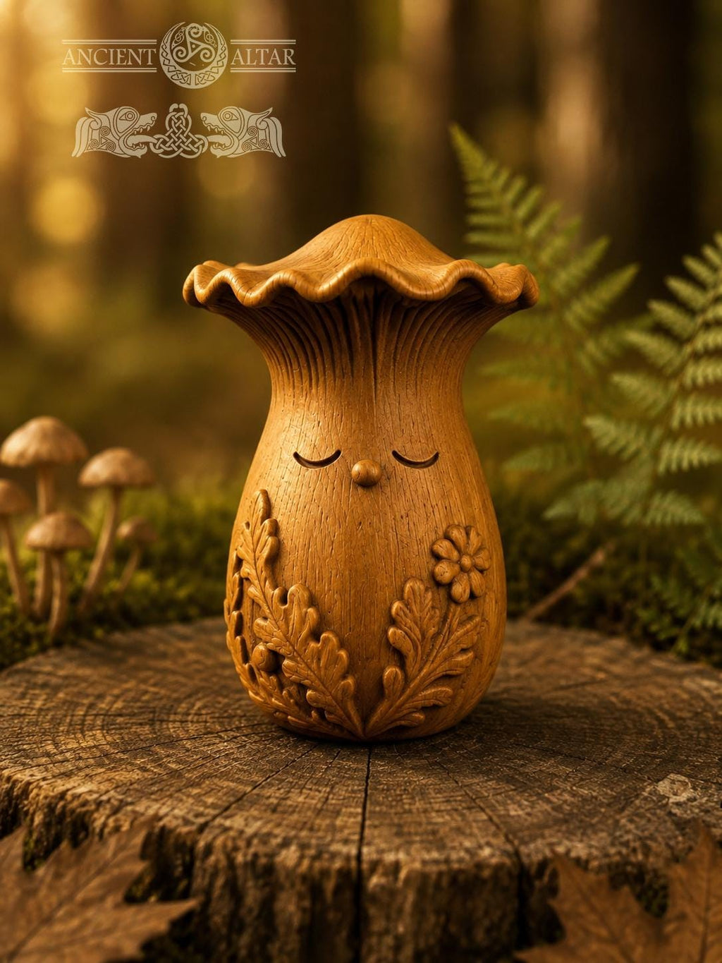 Wooden Chanterelle Forest Spirit Figurine, Oak Mushroom Guardian, 2.76 in