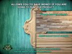 The image is a promotional advertisement for a product, specifically a wood sample. It features a close-up of a wooden sample, with a green background and a decorative element. The text on the image provides information about the product, including that it allows you to save money if you are going to paint the product, and that the product texture and color may vary from the sample shown. The image also mentions that adjacent pieces have different shades.