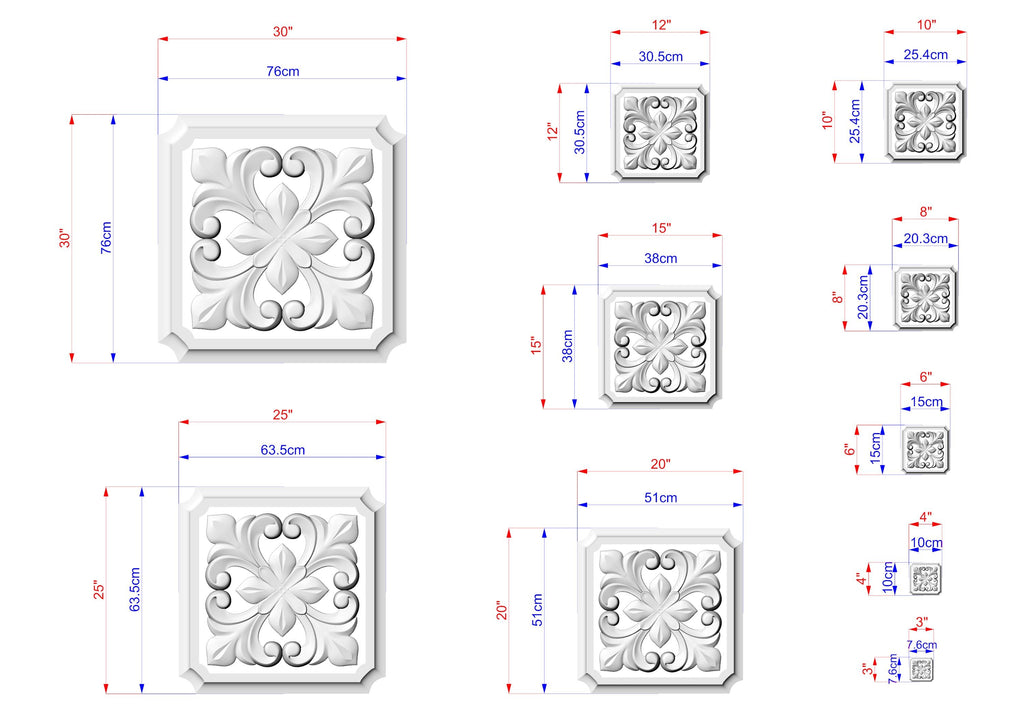 a collection of square-shaped decorative elements, each with its own unique design. The elements are accompanied by their respective dimensions, providing a clear visual representation of the size and scale of each piece.