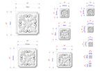 a collection of square-shaped decorative elements, each with its own unique design. The elements are accompanied by their respective dimensions, providing a clear visual representation of the size and scale of each piece.