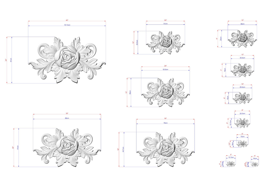 a collection of various sizes of floral designs, including roses and leaves, with accompanying measurements. The designs are presented in a grid format, with each design being a separate element within the image. The image does not contain any text or additional information beyond the measurements and the design elements.