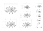 a collection of various sizes of floral designs, including roses and leaves, with accompanying measurements. The designs are presented in a grid format, with each design being a separate element within the image. The image does not contain any text or additional information beyond the measurements and the design elements.