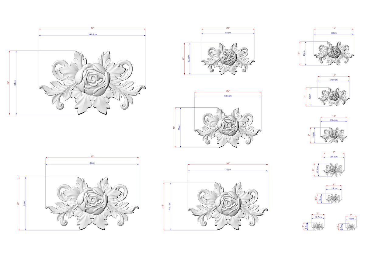 a collection of various sizes of floral designs, including roses and leaves, with accompanying measurements. The designs are presented in a grid format, with each design being a separate element within the image. The image does not contain any text or additional information beyond the measurements and the design elements.