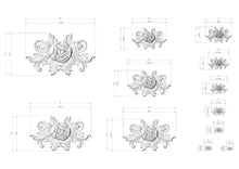 Load image into Gallery viewer, a collection of various sizes of floral designs, including roses and leaves, with accompanying measurements. The designs are presented in a grid format, with each design being a separate element within the image. The image does not contain any text or additional information beyond the measurements and the design elements.
