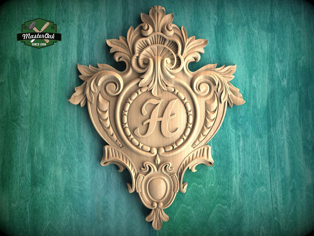 Personalized  Shield Wooden Onlay – Victorian Floral Wood Carving, 1 pc, Unpainted, Home Wall Embellishments, Carved Wood Applique