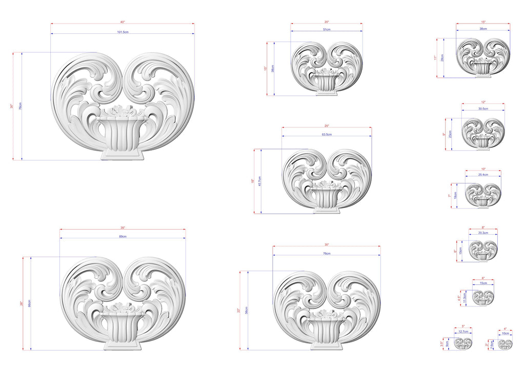 a collection of various sizes of ornate, decorative carvings or sculptures, each with detailed measurements and scale drawings.