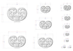 a collection of various sizes of ornate, decorative carvings or sculptures, each with detailed measurements and scale drawings.
