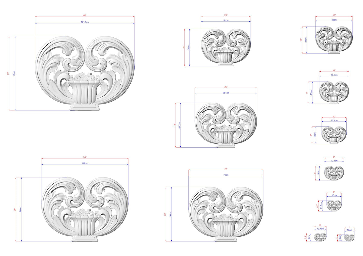 a collection of various sizes of ornate, decorative carvings or sculptures, each with detailed measurements and scale drawings.