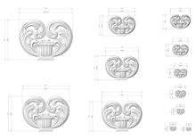 Load image into Gallery viewer, a collection of various sizes of ornate, decorative carvings or sculptures, each with detailed measurements and scale drawings.
